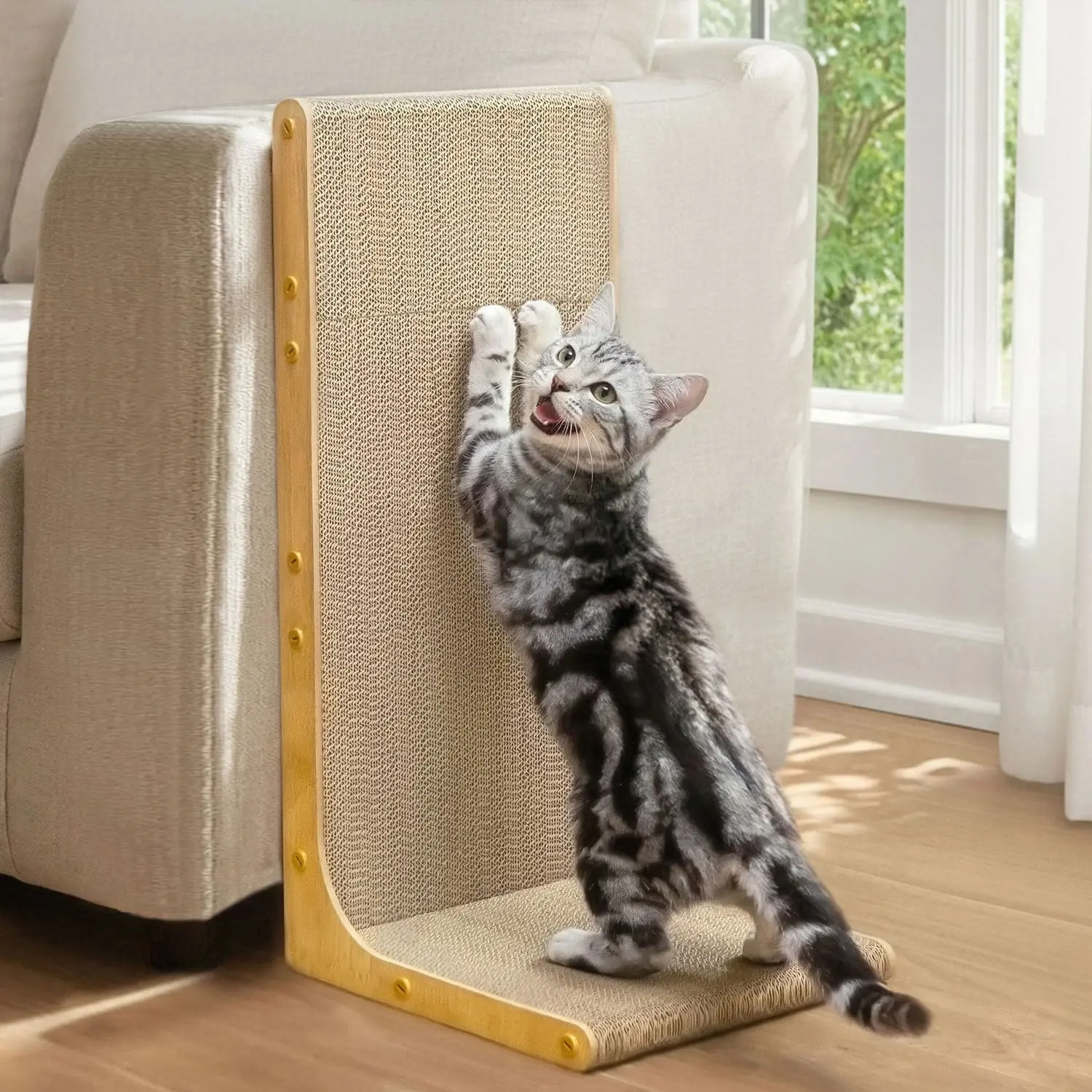 Cat Scratcher Cardboard,L Shape Scratch Pad,Vertical Scratching Board, Durable Cardboard to Protect Furniture for Indoor Cats,Light Wood Large