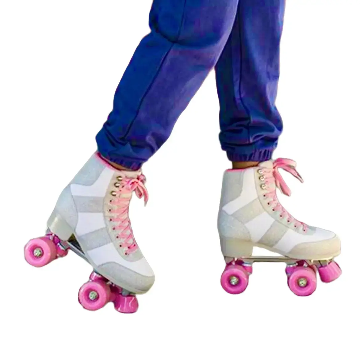 Women's ARCHIE-230 High-Top Roller Skates, Silver Glitter-Silver and White Stripe Design, Lace-Up, Knit Mesh Construction for Roller Skating