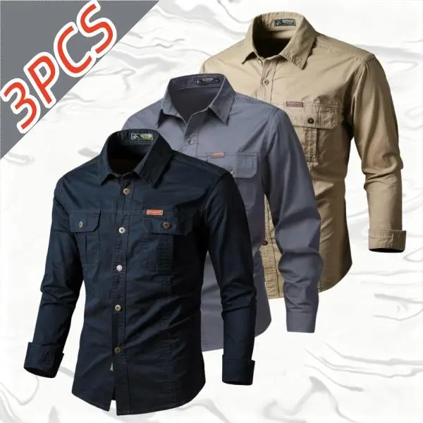 3-pack men’s multi-color pure cotton long-sleeve work shirts; outdoor casual style with wear-resistant, breathable, structured cotton fabric; slim fit, versatile, comfortable—ideal for commuting, hiking, and everyday casual wear across multiple occasions.