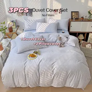 Three-Piece Plaid Blanket Set, Large Blue Grid Bedding, Soft Breathable Washable Microfiber, Includes Pillowcases, Bedroom Furniture, Breathable Duvet Set