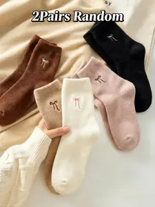 Women's Cute Plush Winter Socks, Bow Pattern Mid-Calf Socks, Thick Soft Puffy Warm Comfortable Casual Socks, Random Color, Fall & Winter, Soft Comfy Socks