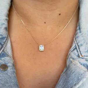Emerald Cut Halo Necklace, Emerald Diamond Necklace, Gold Vermeil