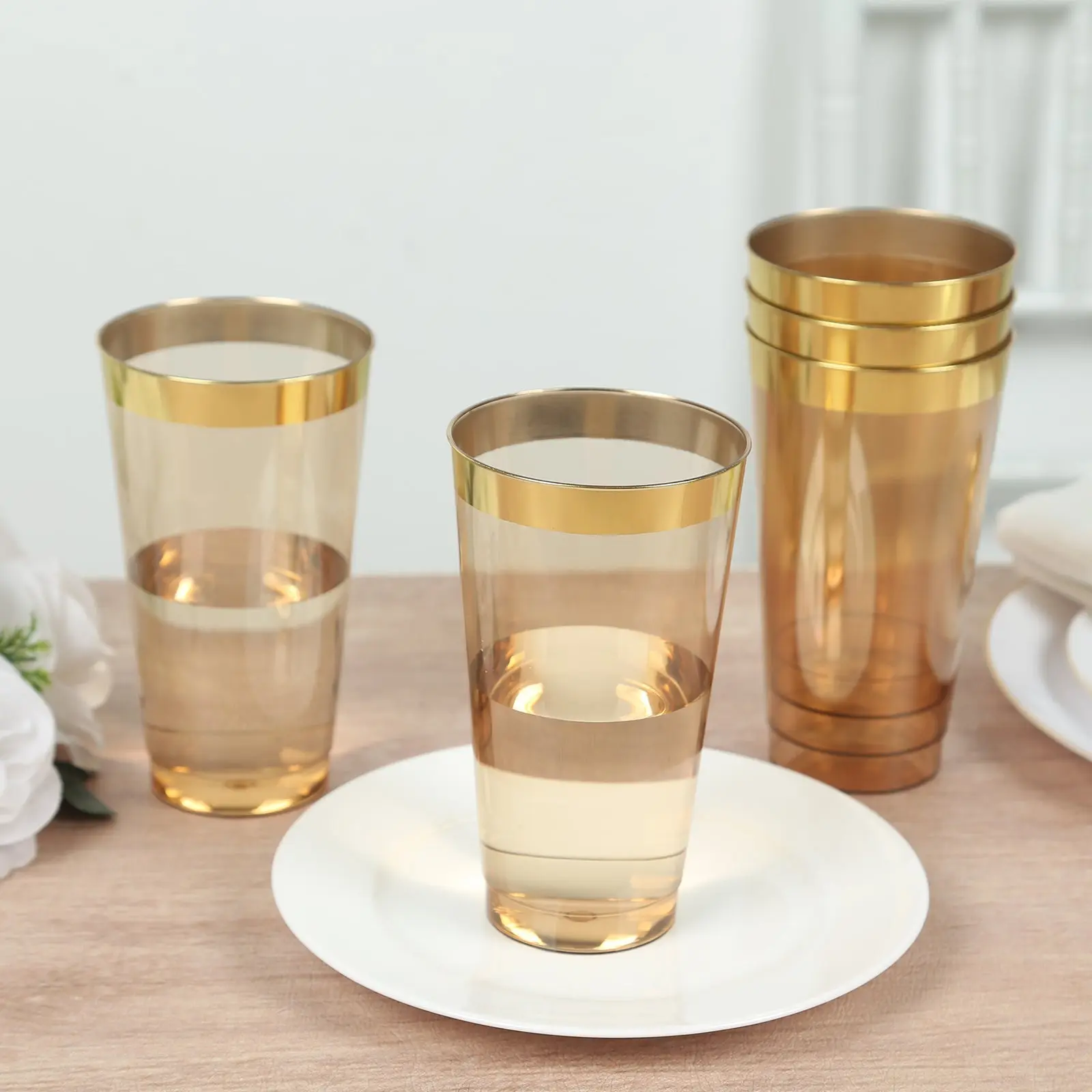 12-Pack Disposable Plastic Beverage Cups - 17oz Amber Gold with Gold Rim, 5.5" Tumbler Shape Drinking Cups for Birthday, Festive & Home Party Supplies