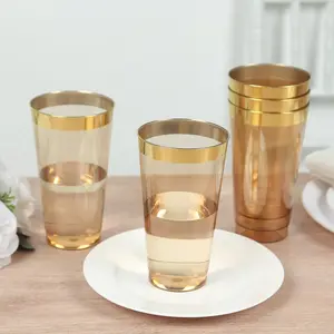 12-Pack Plastic Party Cups 17oz Amber Gold with Gold Rim - Disposable Drinking Tumblers 5.5"