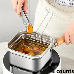 3 Counts Japanese stainless steel square frying pan, household milk pan, cooking pan, outdoor portable tempura frying pan, Deep Fryer Pot, universal stove, compatibility, large capacity, soup, noodles, spaghetti, seafood soup