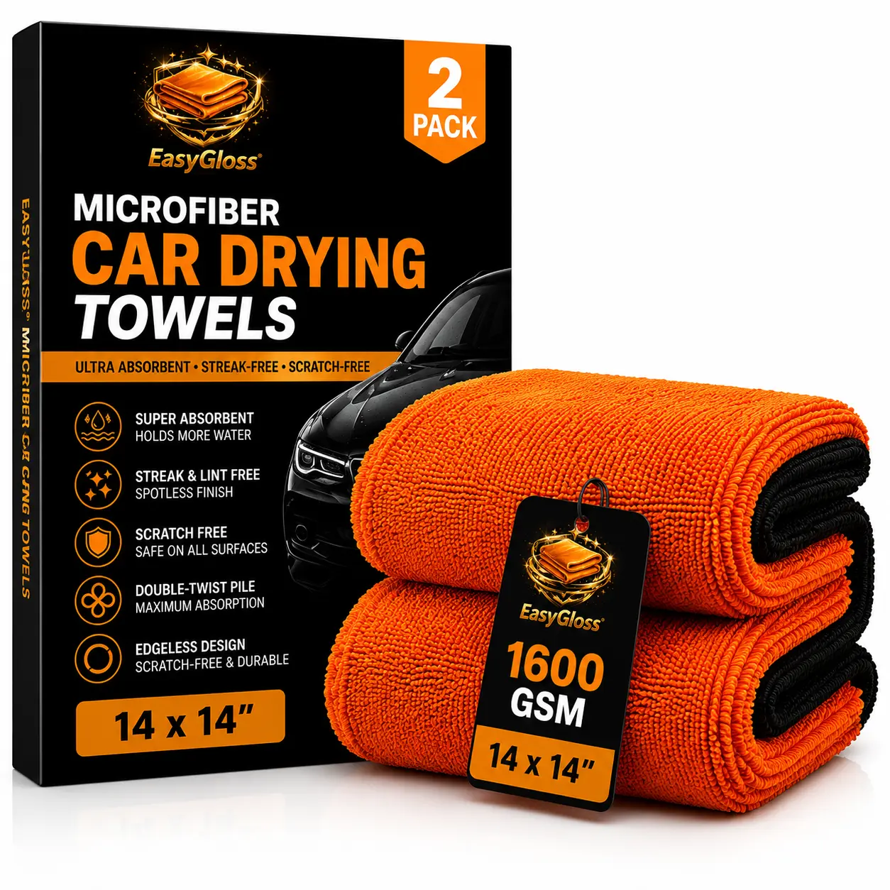 EasyGloss 2-Pack 1600 GSM Microfiber Car Drying Towels (14” x 14”) – Ultra-Absorbent, Scratch-Free, Lint-Free, Streak-Free Drying Towels for Detailing, Polishing, Glass, Mirrors & Home Cleaning
