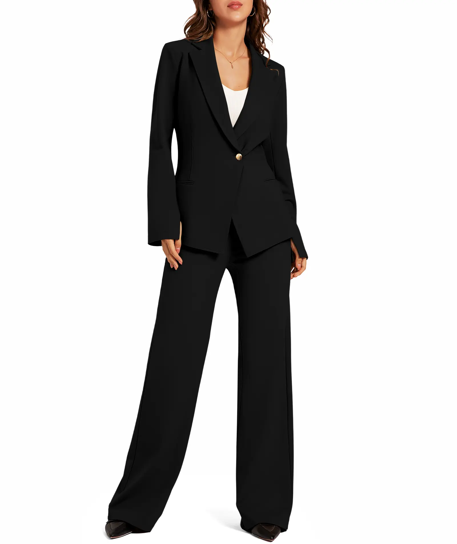 Women's Soft Knit 2-Piece Business Suit Set - Elegant Asymmetrical V-Neck Blazer and Wide-Leg Below the Ankle Pants, Button, Nylon, Fitted, 2Xl, Chic, Lapel, Plain, Work, Do Not Bleach, Fabric, Office Ootd, Evening