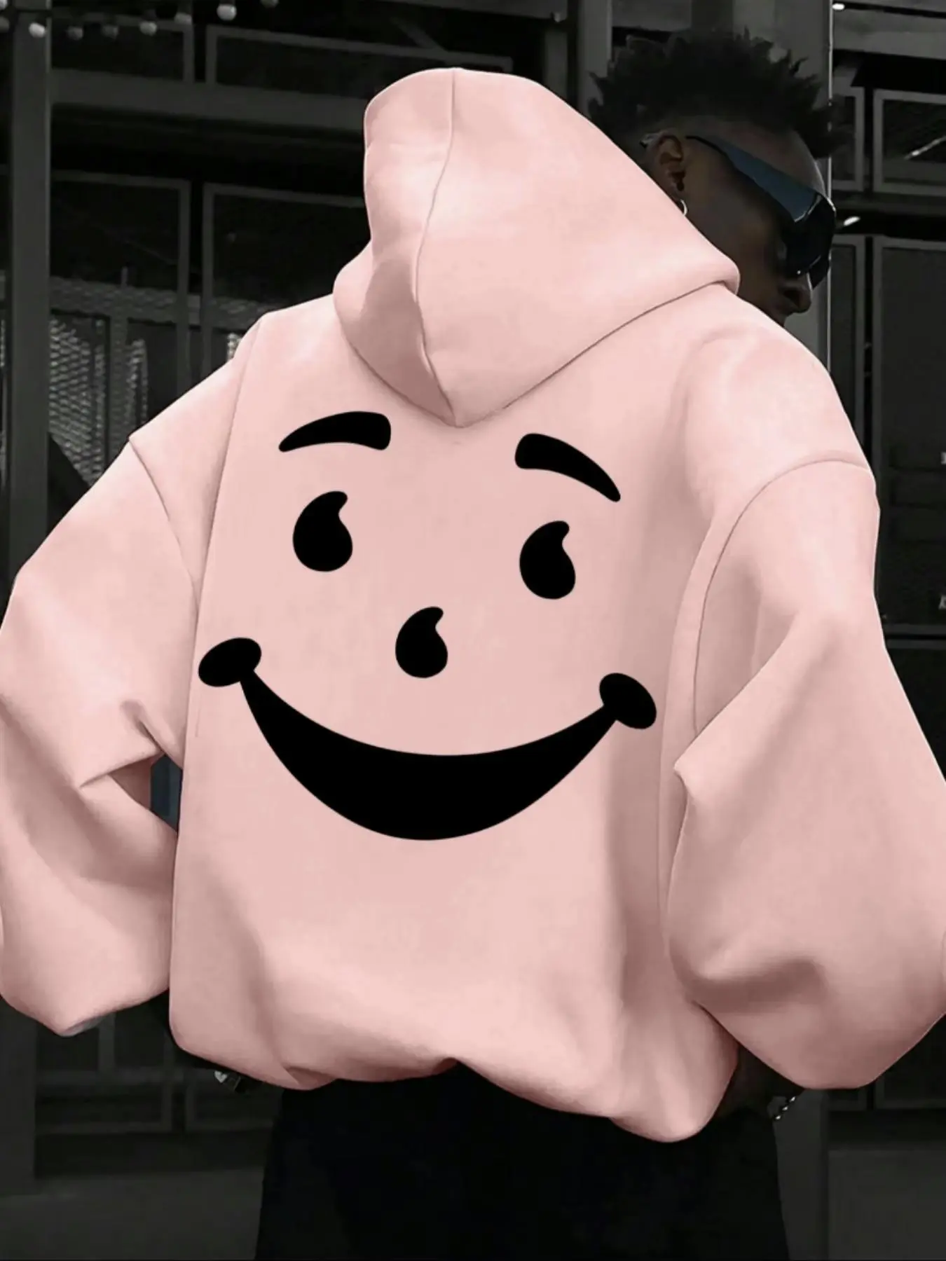 Men's Smile Face Print Drawstring Drop Shoulder Hoodie, Casual Street Style Comfy Long Sleeve Kangaroo Pocket Design Thermal Lined Hooded Sweatshirt for Fall & Winter, Men's Top for Daily Wear