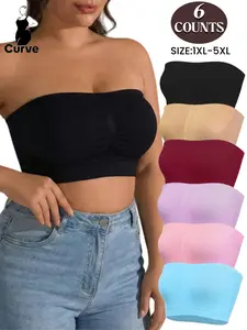 Seamless Plus Size Women's Comfortable Breathable Elastic Strapless Bra Set,Womenswear,No Padding,Min Support,Sleep Bandeau Underwear, Pure Color Basic Top,Soft&Stretch,Casual Daily Home Wear,All Seasons