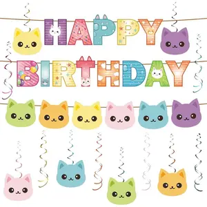 43 Pieces Cartoon Doll Cat Birthday Party Banner and Hanging Swirl Party Decorations Happy Pet Banner for Themed Birthday Decor