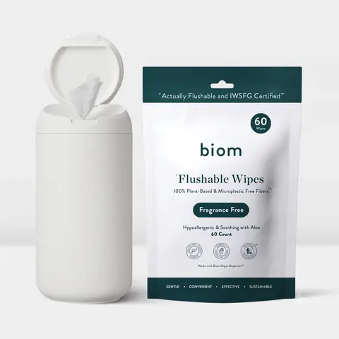 Biom Flushable Wipes Dispenser + 60-Ct Fragrance-Free Sensitive Skin Soft Dry Wipes, Dermatologist-Tested, Durable Eco-Friendly Plant Fiber Biodegradable for Bathroom Daily Home Care