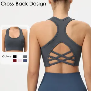 Women’s Ribbed Cross-Back Sports Bra - Medium Support, Seamless Yoga Bra with Removable Pads