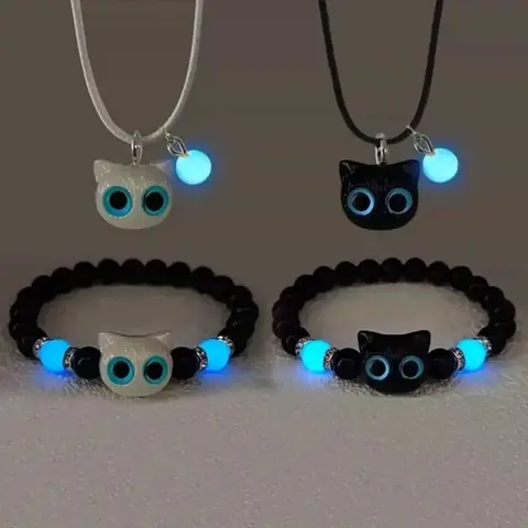 4pcs Glowing Cat Pendant Couple's Jewelry Set - Luminous Bead Bracelets & Necklaces with Matching Black Cat Charms, Blue Glow-in-the-Dark Beads for Him & Her, Daily Wear Gift for Valentine's Day