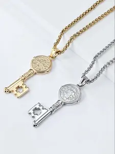 Stylish Stainless Steel Key Necklace Pendant in Silver Color, Unique 23.62 Inch Chain for Fashion Enthusiasts, Trendy Jewelry Accessory