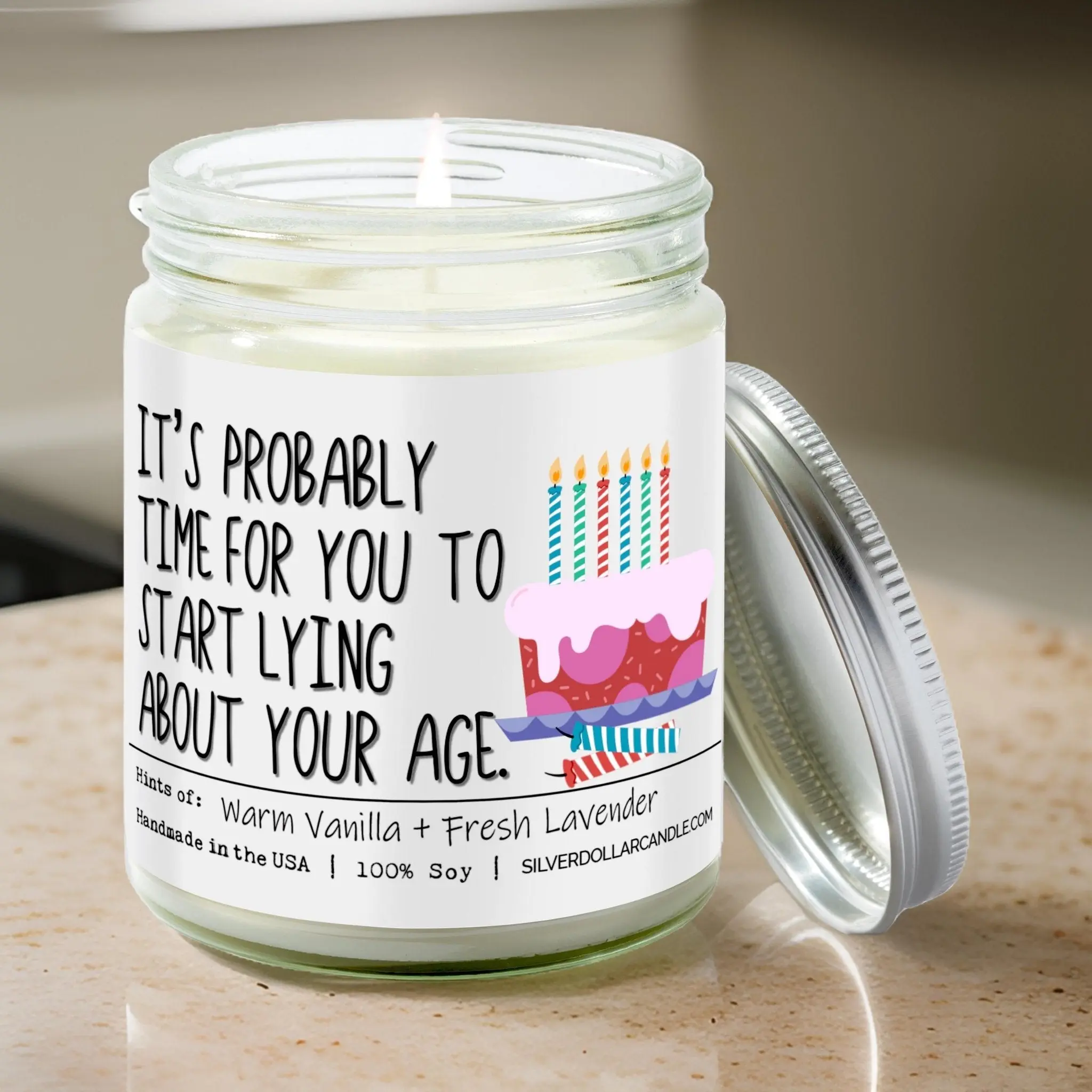 'It’s probably time for you to start lying about your age' - 9oz Lavender Vanilla Soy Wax Scented Candle - Warm Vanilla and Fresh Lavender Blend for Relaxation