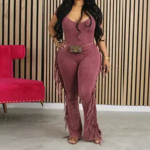 Women’s One Peice Bodycon Jumpsuits Tassel Rompers Sleeveless Side Fringe Jumpsuits