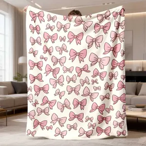 2026 New Arrival Flannel Blanket Women'S UltraSoft Pink Bow Flannel Blanket Plush AllSeason Cozy Bedspread With Pastel Pink Bow Pattern, Large Rectangular Bed Cover For Girls' Room, Valentine'S Day, Mother'S Day &