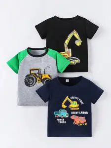 3-piece set of short sleeved T-shirt with tractor print for boys and children, summer trend thin casual wear