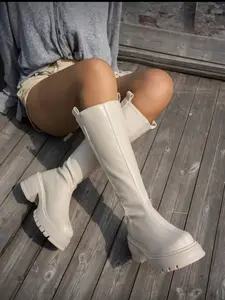 Women's Thick Sole Vintage Knight Boots, High Heel Long Booties, Spring & Fall Fashion, Above Ankle Boots, PU Material, Rubber Sole, Footwear