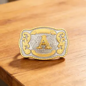 Vintage Style Western Cowboy Cowgirl Belt Buckle with Gold Plated Initial Letter
