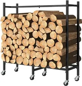 Outdoor Indoor Firewood Storage Rack with Wheels, Assembled Metal Tubular Log Stacker Holder for Patio Fireplace Wood Pile Lumber Storage Stand Cart