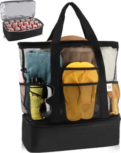 Cactour Beach Bag with Cooler Compartment,Mesh Beach Bag Dry Wet Detachable with Zipper Pockets,Waterproof Sandproof Pool Bag CaCTOUR