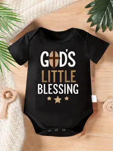 God's Little Blessing Baby Bodysuit, Wooden Cross Gold Star Letter Print Short Sleeve 100% Cotton Newborn Infant Romper Onesie