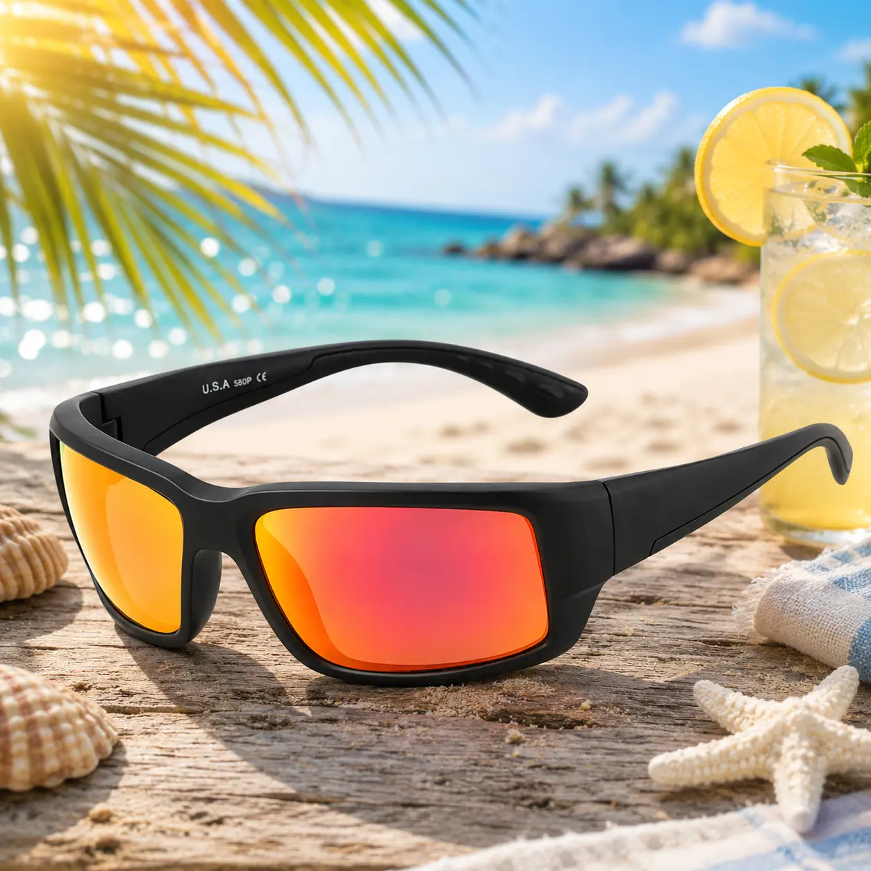Fantail Sand Black Red Polarized Sunglasses for Men & Women, UV400 Outdoor Fishing, Driving, Boating & Hiking Eyewear