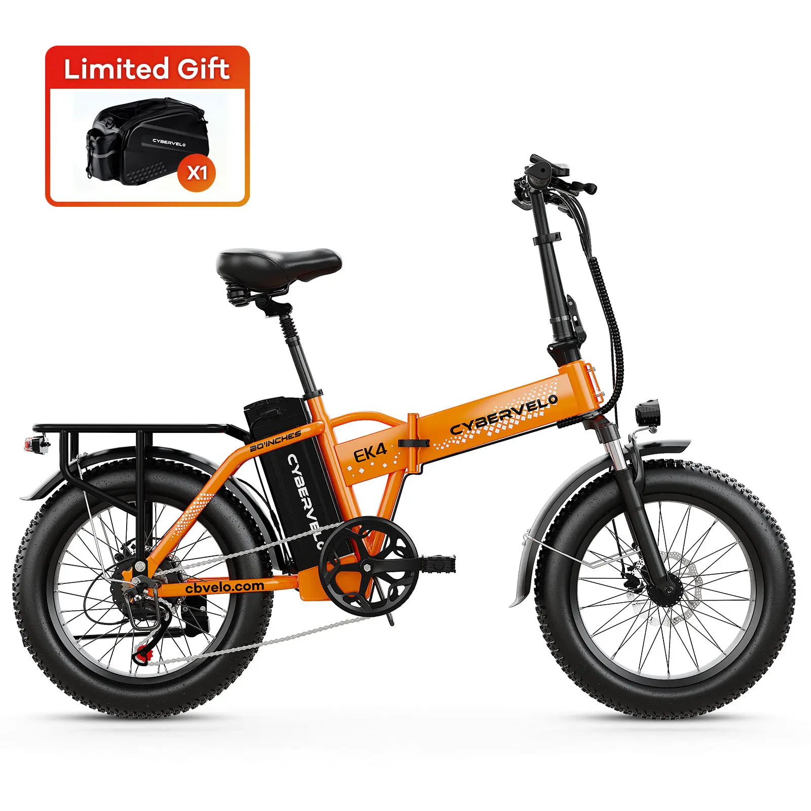 Cybervelo Lightweight Folding Ebike - 1000W Motor, 48V 960WH Removable Battery, 28+MPH, 80 Mi Max Range, 20" Off-Road Fat Tire Pedal-Assist Bike for Adult Commuters with Tail Light, Pedal-Assist Bikes, Compact Fold, Off-Road Tire Bikes