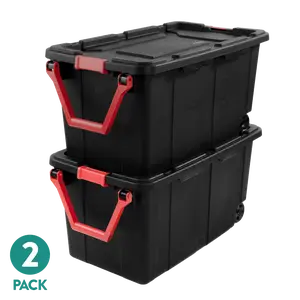 Open Box Sterilite Extra-Large Wheeled Industrial Storage Bin, 40 Gallon Durable Plastic Storage Tote with Latching Lid and Pull Handle, Black, 2 Pack