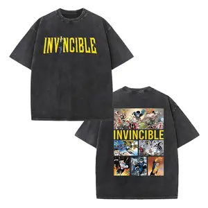 Vintage Black Washed Anime T-Shirt, Front "INVINCIBLE" Logo & Back Superhero Battle Scenes Print, Oversized Unisex Tee for Invincible Fans & Street Style