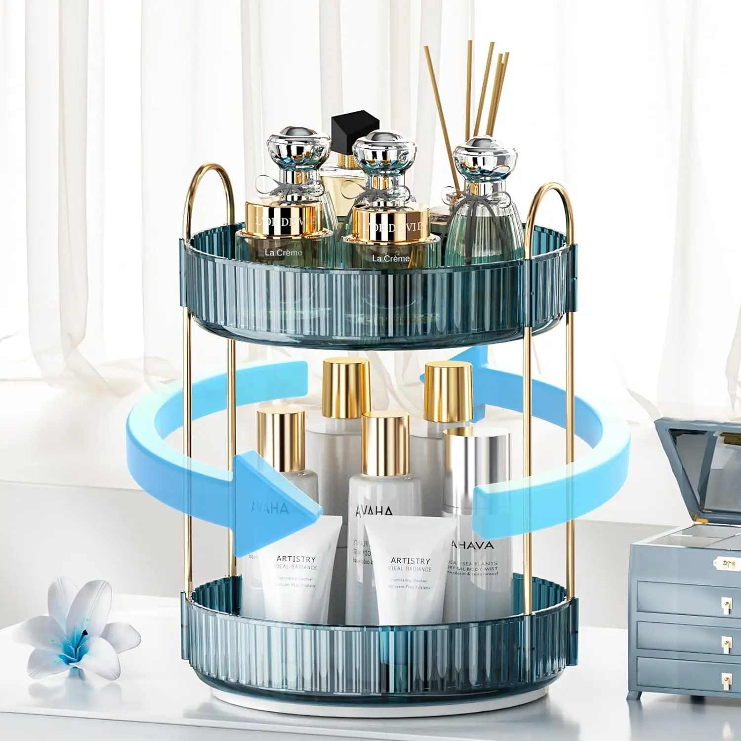 360? Rotating Makeup Organizer - Large Capacity Vanity Storage Rack for Bathrooms, Fits Perfume & Care (Blue, 2 Tiers)
