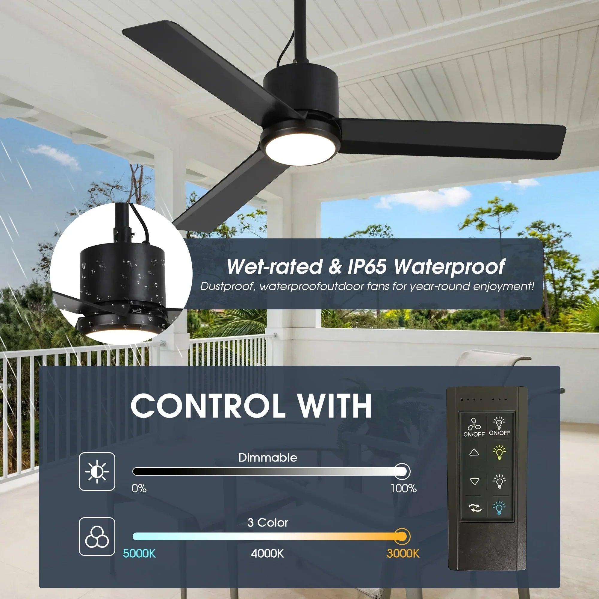 42" Outdoor/Indoor Ceiling Fan with Light | IP65 Waterproof Black | Remote & Convenient Hanging Hook