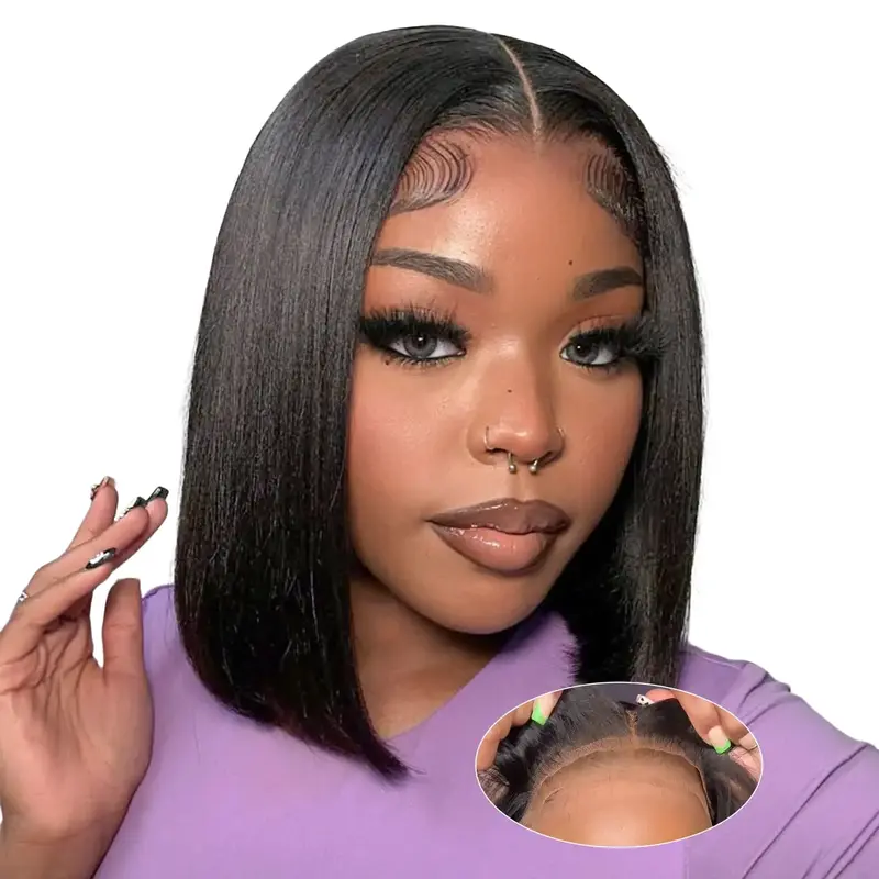 Wear and Go Bob Wig Human Hair 180 Density 4x4 HD Lace Closure Pre Plucked Glueless Wig Bob Wigs for Black Women Human Hair Glueless Short Wigs Natural Black