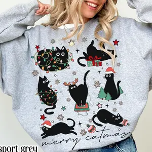 Christmas Cat Sweatshirt Catmas Meow Christmas Tree Light Its Fine Holiday Sweater Funny Kitty Black Cat Xmas Crewneck Festive Kitten Gift