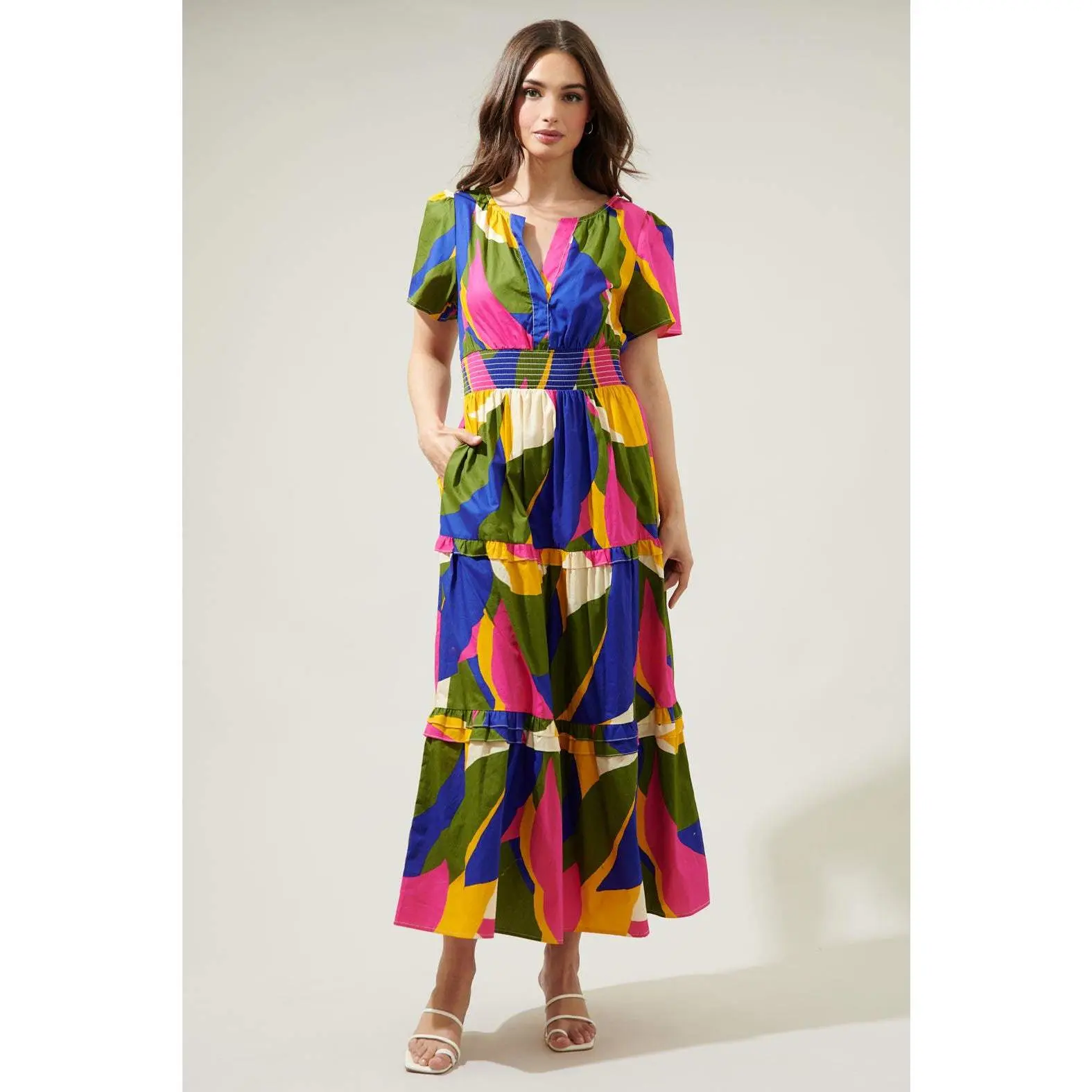 Rio Abstract Palmer Poplin Tiered Maxi Dress