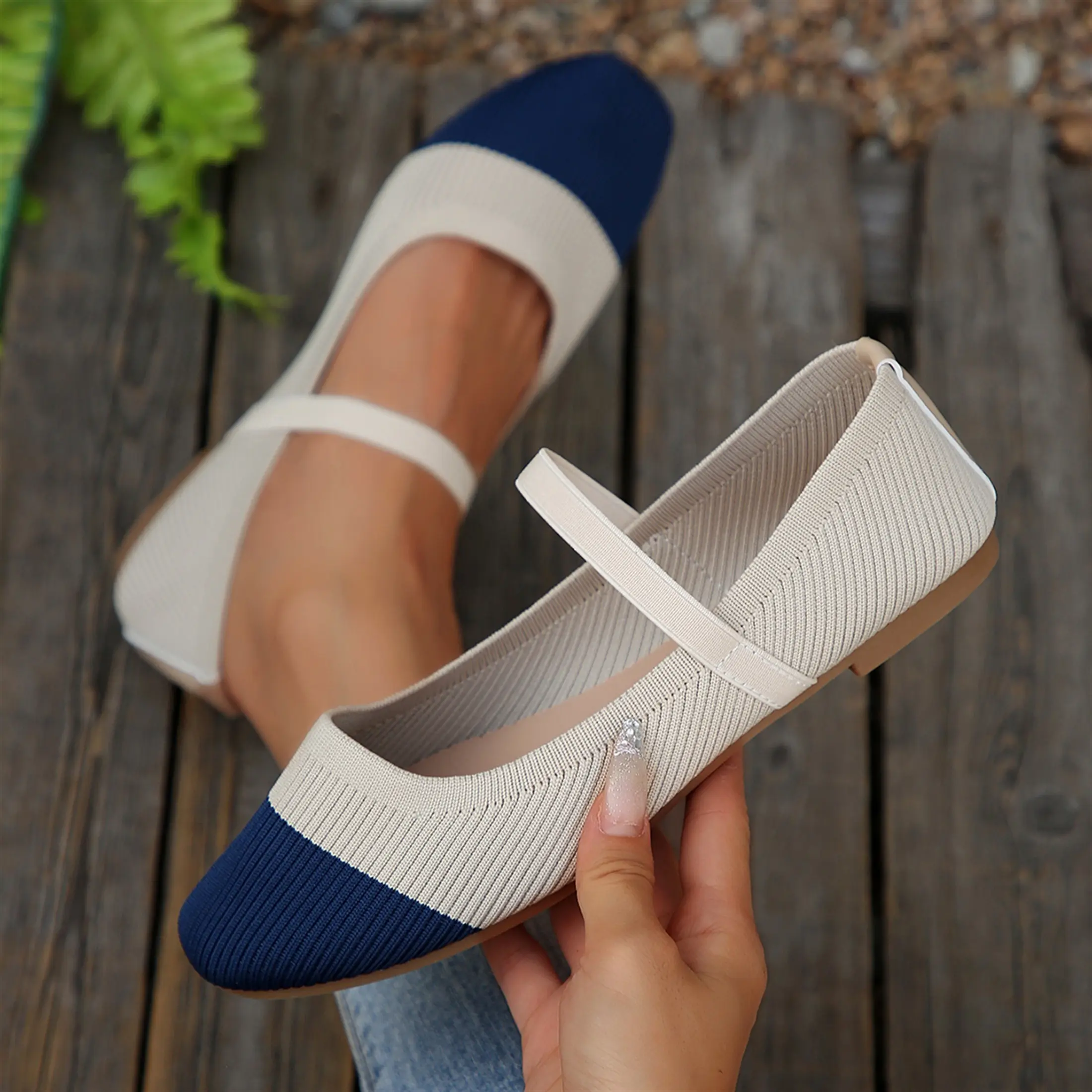 Women's Knitted Stripe Patchwork Ballet Shoes, Pointed Toe Low Heel Rubber Sole Mesh Comfortable Block Pumps for All Seasons