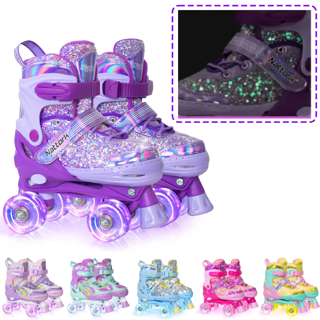 Women's Adjustable Size Quad Skates - Growth-Fit 4-Size Design for Kids 4-10, Plastic Shock-Absorbing Frame, ABEC-7 Bearings, 82A PU Light-Up Wheels, Colorful Look, Beginner Birthday Gift (Purple/Mint/Candy/Yellow/Light Blue/Dream Purple), Halloween