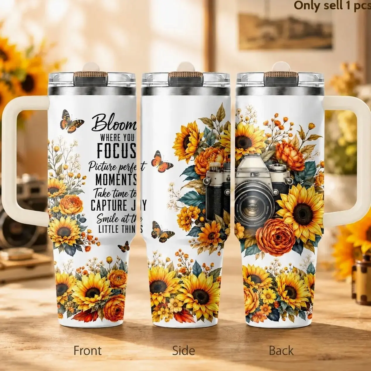 Photographer Sunflower 40oz Tumbler – Camera Lover Stainless Steel Insulated Cup with Handle & Straw Lid for Coffee, Water, Studio, Office, Travel, Car Cup Holder, Creative Gift
