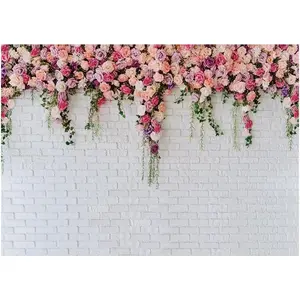 7x5ft White Brick Wall Floral Backdrop with   - Spring Garden Photo Backdrop for Bridal Shower,  Shower, Birthday Party, Wedding Photography Decoration