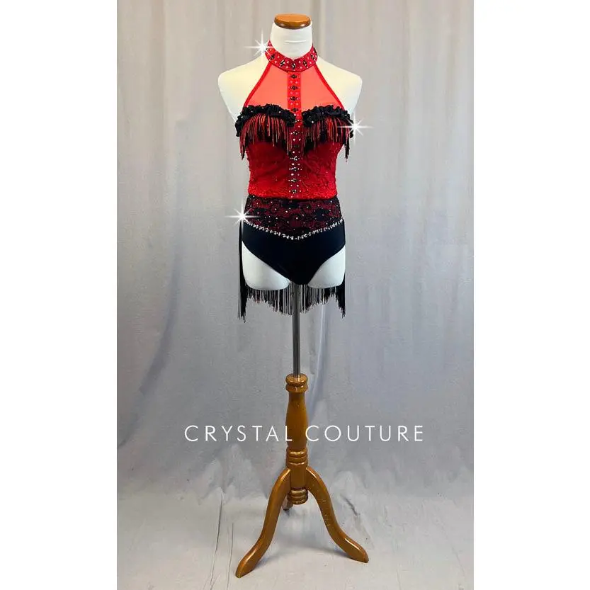 Custom Red & Black Lace Bustier with Fringe - Rhinestones