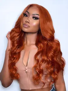 Ginger Orange Body Wave Lace Front Wig, 28" Long Copper Orange Wavy Synthetic Hair, 13x4 HD Lace, Heat-Resistant Fiber, Pre-Plucked Natural Hairline, Free Parting, Lace Frontal Closure
