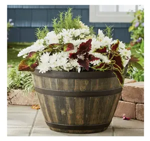 Whiskey Barrel Brown Resin Planter, 19.9in x 19.9in x 13in