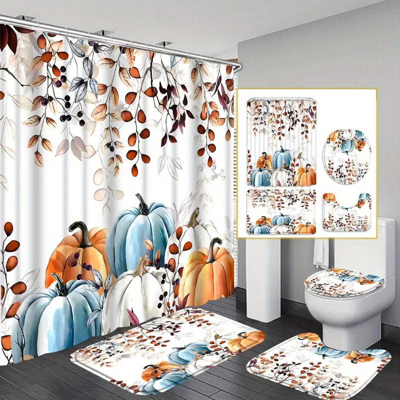 4-Pcs Thanksgiving Pumpkin Print Polyester Fabric Shower Curtain Full Set - Waterproof Bathroom Decor with Non-Slip Bath Mat, Toilet Lid Rug, U-Shape Mat, 12 Sticky Hooks, Autumn Home Accent, Housewarming Gift, 4Pcs-Full Set