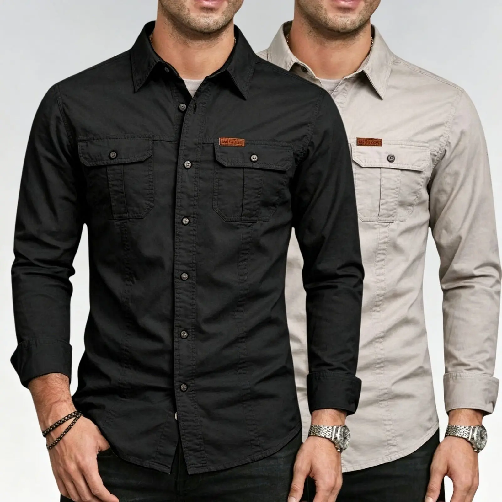 Men’s long-sleeve work shirt, outdoor casual multifunctional top two-piece set Outfit Menswear