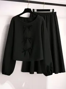 2pcs Women Set, Round Neck Long Sleeve Bowknot, Elastic Waist Ruffle Hem, Elegant Attire, Fall outfit
