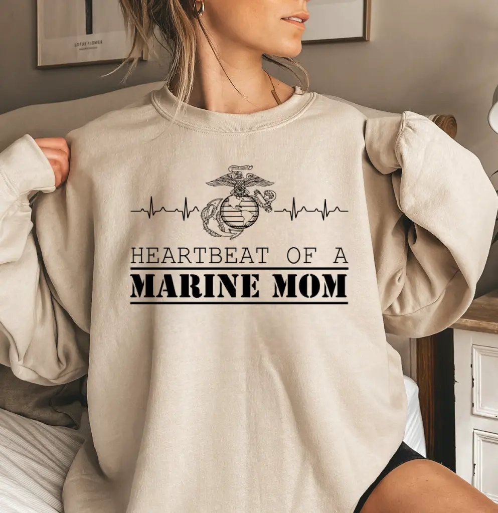 Marine Mom Heartbeat Sweatshirt, Proud USMC Mama Graphic Crewneck, Patriotic Military Family Pullover, Veteran Mom Gift for Women