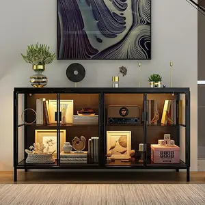 FUFU&GAGA Storage Cabinet with 3-Color LED Lights Glass Shelves & 4 Compartments Modern Display Cabinet for Living Room Dining Room Solid Metal Legs Adjustable Lighting