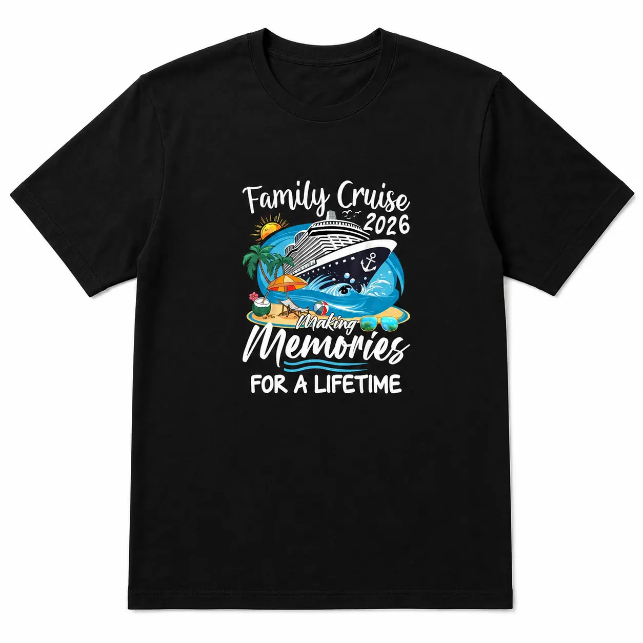 Matching Family Cruise 2026 T Shirt Tropical Beach Cruise Ship Memories Lifetime Vacation Graphic Tee Summer Travel Trip Souvenir Short Sleeve Tshirt Ocean Palm Sun Holiday Casual Wear For Family Group Trip Graphic T-Shirt