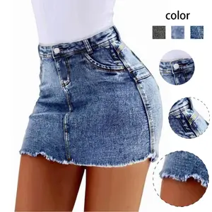 Women' s High - Waisted Denim Mini Skirt - Casual Chic with Frayed Hem